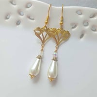 Image 1 of Art Nouveau Glass Pearl Teardrop & Crystal Golden Earrings Pierced or Clip On