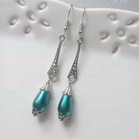 Image 1 of 1920s Art Deco Pearl Teardrop Earrings, Teal