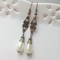 Image 1 of 1910s Edwardian Pearl Teardrop Bronze Earrings, Pierced or Clip On 