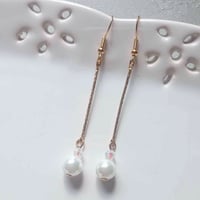 Image 1 of Contemporary Glass Crystal & Pearl Earrings with Slim Rose Gold Etched Bar