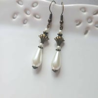 Image 1 of Art Deco Fan Pearl Teardrop Bronze Earrings, Pierced or Clip On