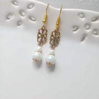 Image 1 of Edwardian Floral Pearl Earrings, White & Antique Gold
