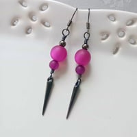 Image 1 of 80s New Wave Spike Earrings, Magenta & Gunmetal, Pierced or Clip On
