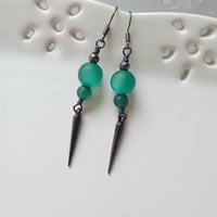 Image 1 of 80s New Wave Spike Earrings, Green & Gunmetal, Pierced or Clip On