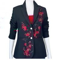 Image 7 of Womens Custom Black Blazer Red Cherry Blossom flowers down each side, a one of one signature piece 