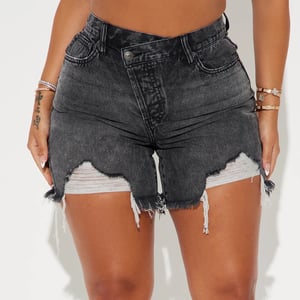 Image of crossover dark denim ripped shorts