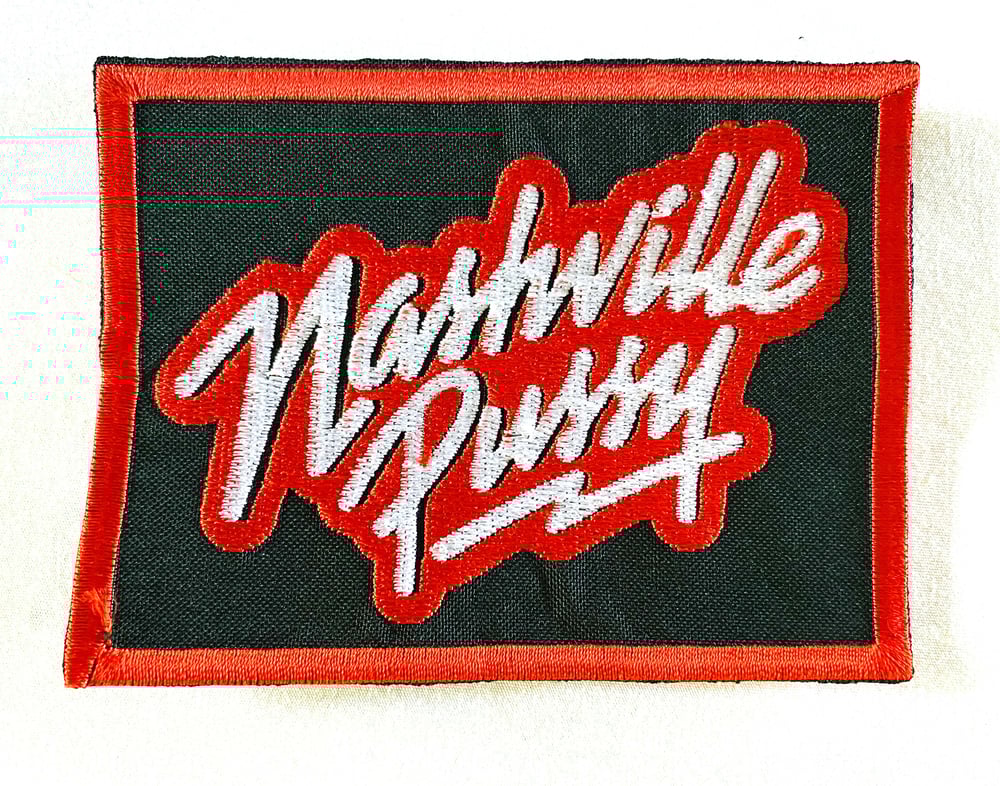 Image of NASHVILLE PUSSY - LOGO - 8 X 10.5CM - AUSSIE TOUR PATCH. BLACK, RED & WHITE. EMBROIDERED. PATCH