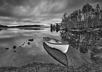 The lone boat on Lochan shore exclusive print (monochrome)