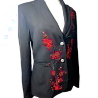 Image 9 of Womens Custom Black Blazer Red Cherry Blossom flowers down each side, a one of one signature piece 