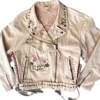 Image 2 of  Free people Up-cycled pink denim moto jacket pearls 