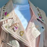 Image 4 of  Free people Up-cycled pink denim moto jacket pearls 