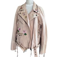 Image 1 of  Free people Up-cycled pink denim moto jacket pearls 