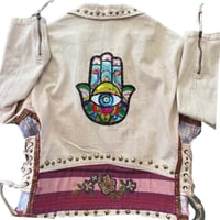 Image 3 of  Free people Up-cycled pink denim moto jacket pearls 