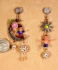 Image 1 of "Celestial Summer Kids" Moon and Sun with Babies one-of-a-kind Handcrafted Earrings.