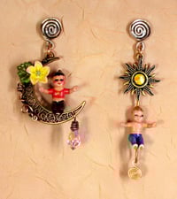 Image 2 of 'Celestial Buddies' One-of-a-Kind Handcrafted Earrings with Moon, Sun and Babies.