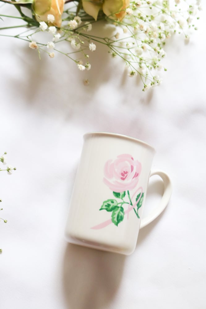 Image of Vintage Avon Pink Rose Ribbon BCA Mug 