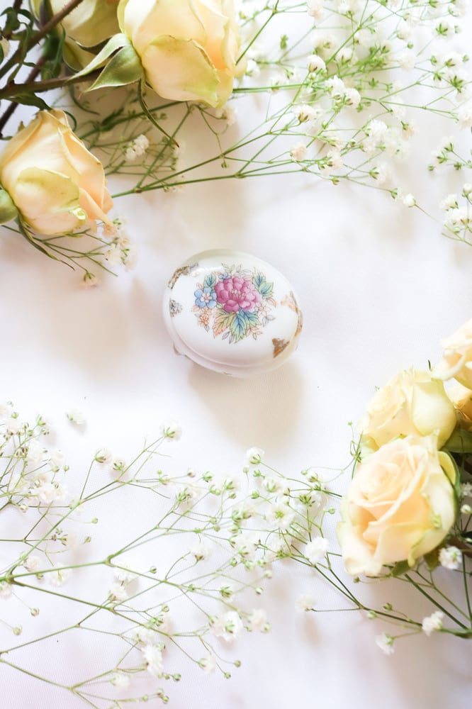 Image of Vintage Porcelain Floral Oval Trinket Box from Japan
