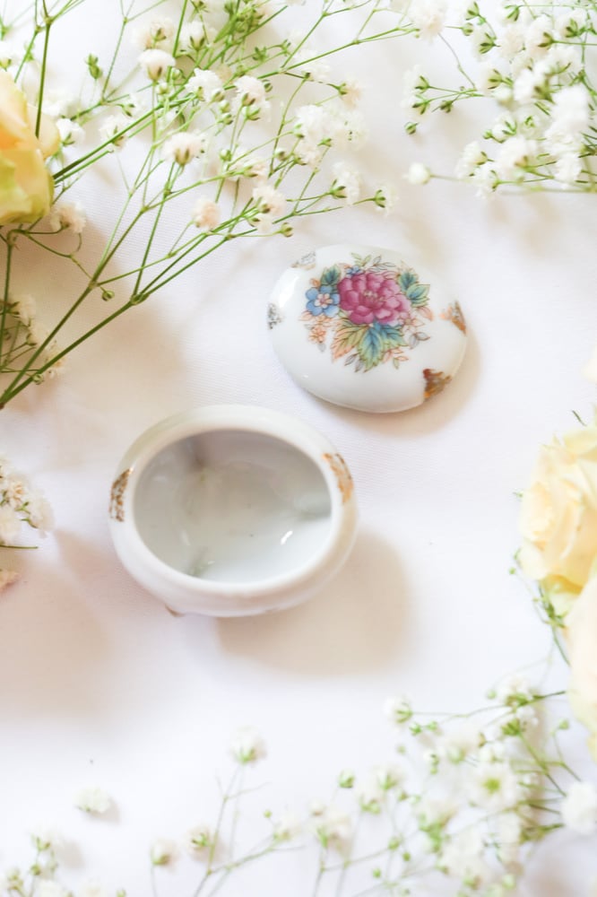 Image of Vintage Porcelain Floral Oval Trinket Box from Japan