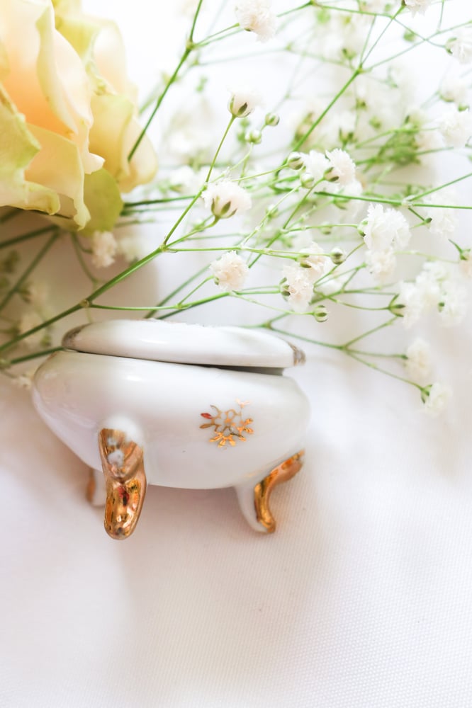 Image of Vintage Porcelain Floral Oval Trinket Box from Japan