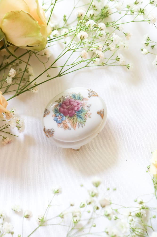 Image of Vintage Porcelain Floral Oval Trinket Box from Japan