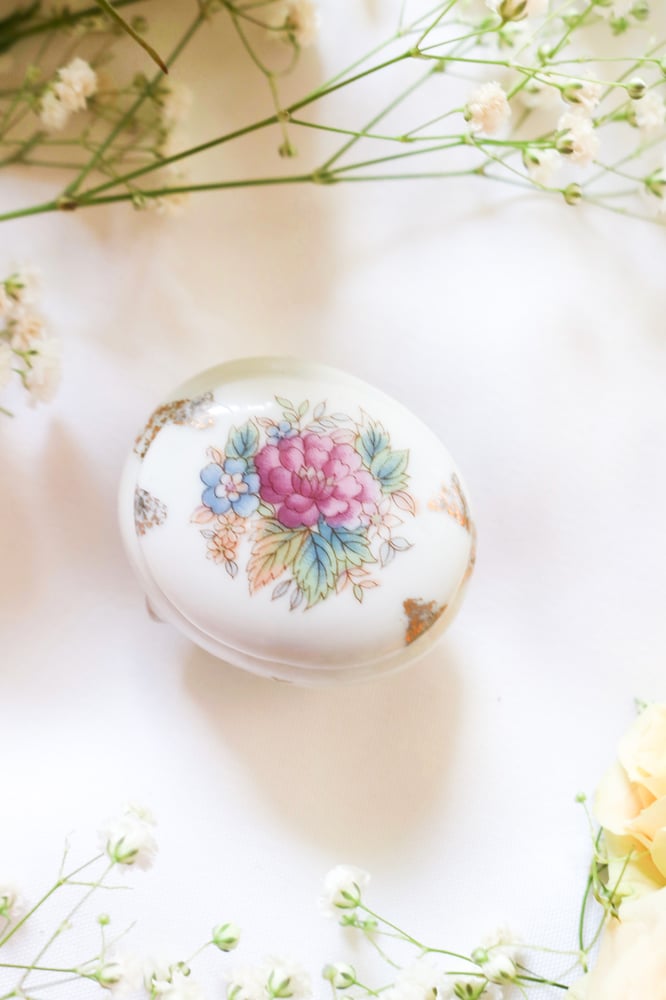 Image of Vintage Porcelain Floral Oval Trinket Box from Japan
