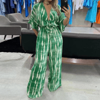 2025 European and American Fashion New Style Printed Belt V-neck Half Sleeve Jumpsuit