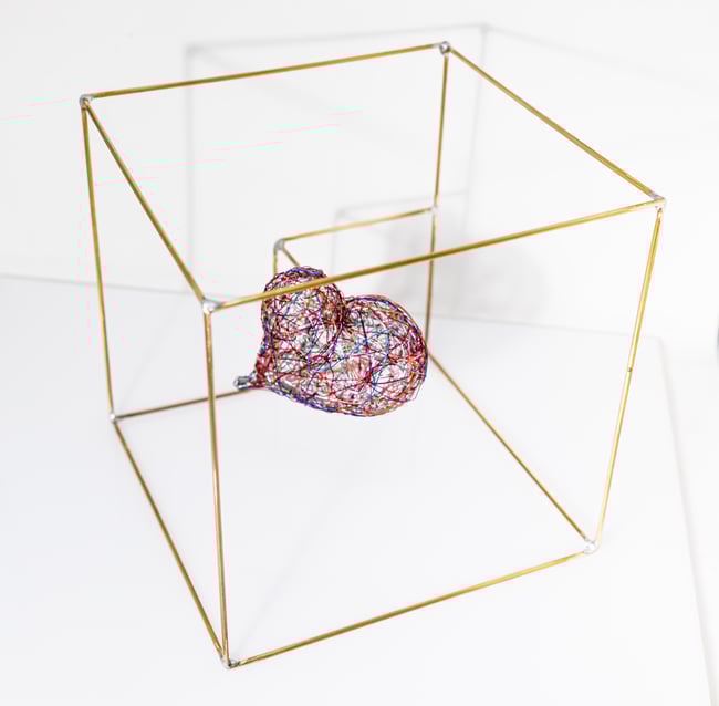 Heart wire art sculpture in a cube, Contemporary colorful art home decor