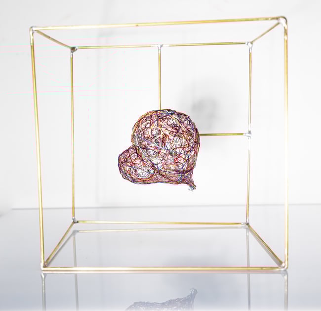 Heart wire art sculpture in a cube, Contemporary colorful art home decor