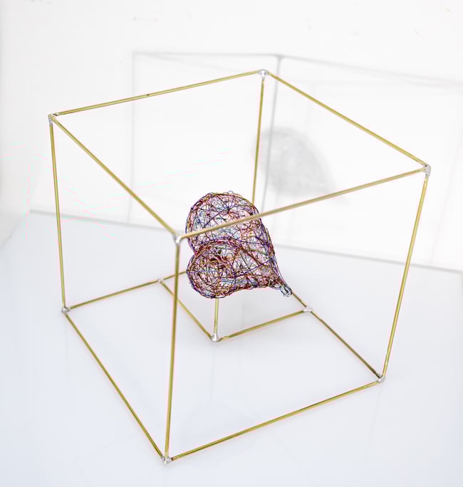 Heart wire art sculpture in a cube, Contemporary colorful art home decor