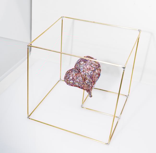 Heart wire art sculpture in a cube, Contemporary colorful art home decor