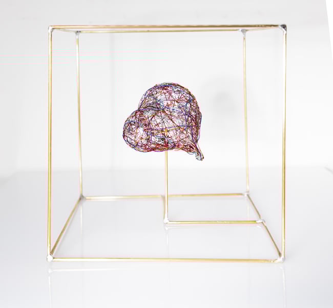 Heart wire art sculpture in a cube, Contemporary colorful art home decor