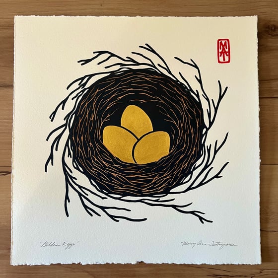 Image of Golden Eggs (hand painted linocut print) (ONLY ONE LEFT)
