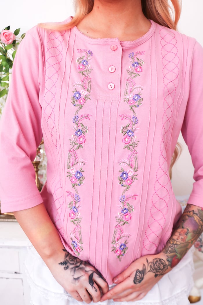 Springtime Shenanigans Pink Top with Floral Embroidery (Small)