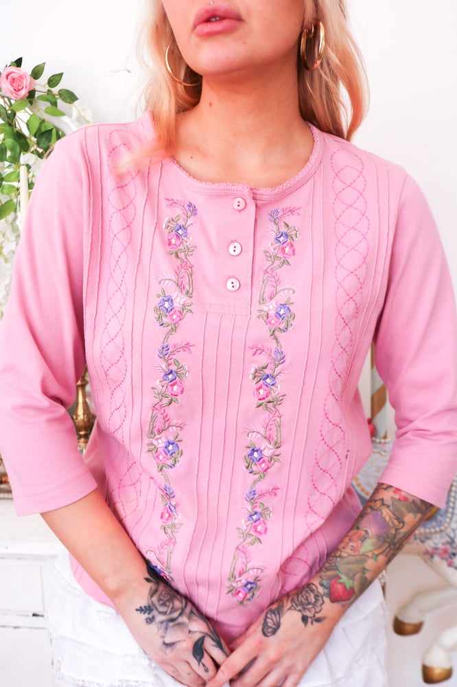 Image of Springtime Shenanigans Pink Top with Floral Embroidery (Small)