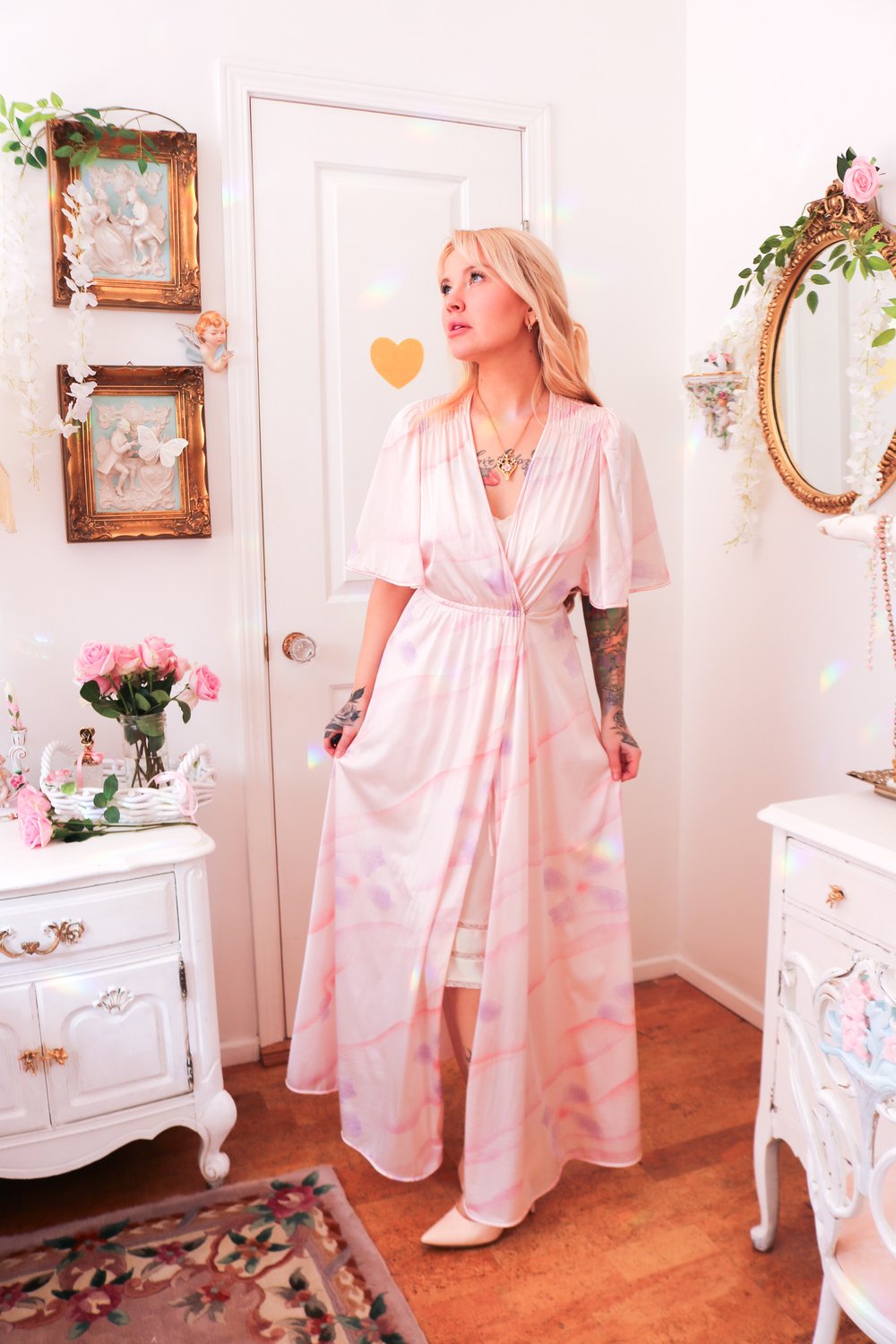 Vintage 1970s Vanity Fair Pastel Pink Peignoir (Petite)