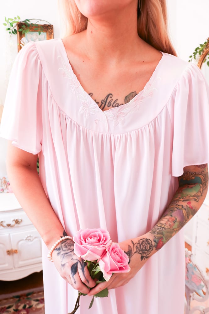 Image of Miss Elaine Pastel Princess Pink Nightgown with Floral Embroidery (Large)