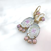 Image 3 of Vintage-Style Frosted Glass Earrings with Bohemian Fire Opals & Floral Etching