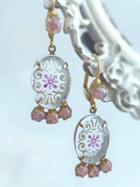 Image 4 of Vintage-Style Frosted Glass Earrings with Bohemian Fire Opals & Floral Etching