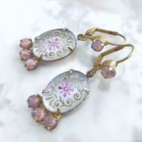 Image 2 of Vintage-Style Frosted Glass Earrings with Bohemian Fire Opals & Floral Etching