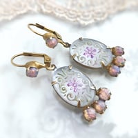 Image 1 of Vintage-Style Frosted Glass Earrings with Bohemian Fire Opals & Floral Etching