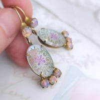 Image 6 of Vintage-Style Frosted Glass Earrings with Bohemian Fire Opals & Floral Etching