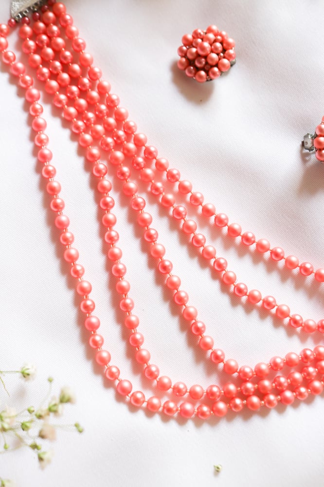 Image of Vintage Peachy Faux Pearl Costume Jewelry Set with Clip on Earrings