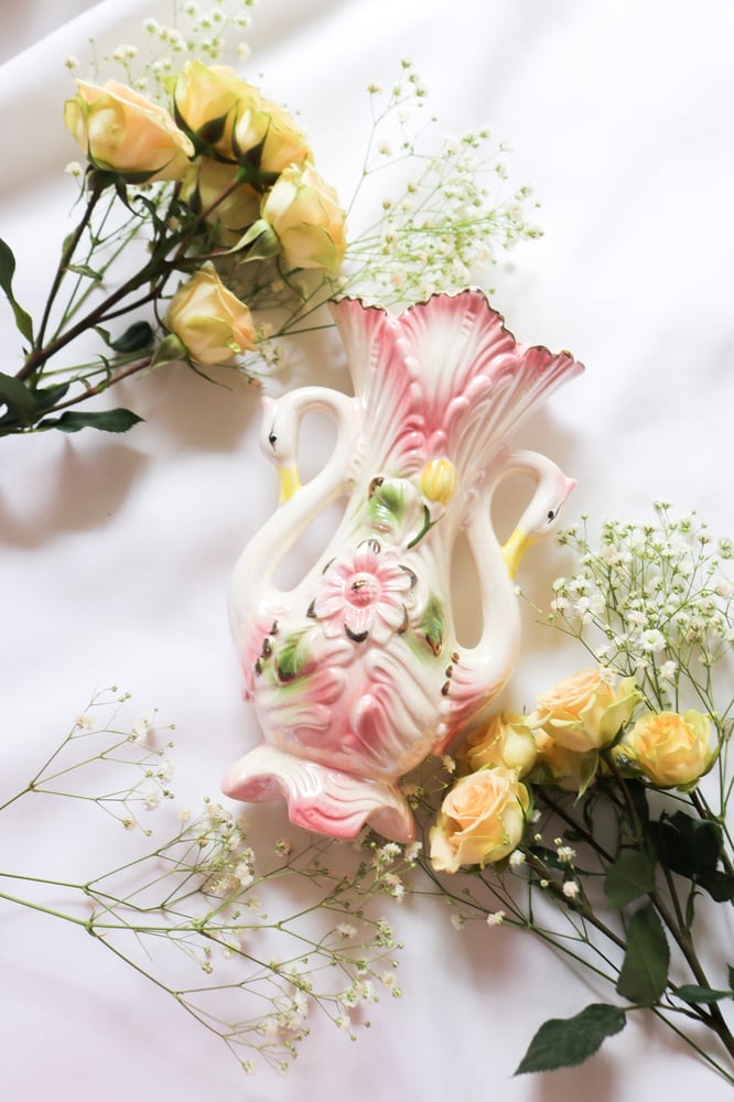 Image of Vintage Twin Swan Vase with Gold Details