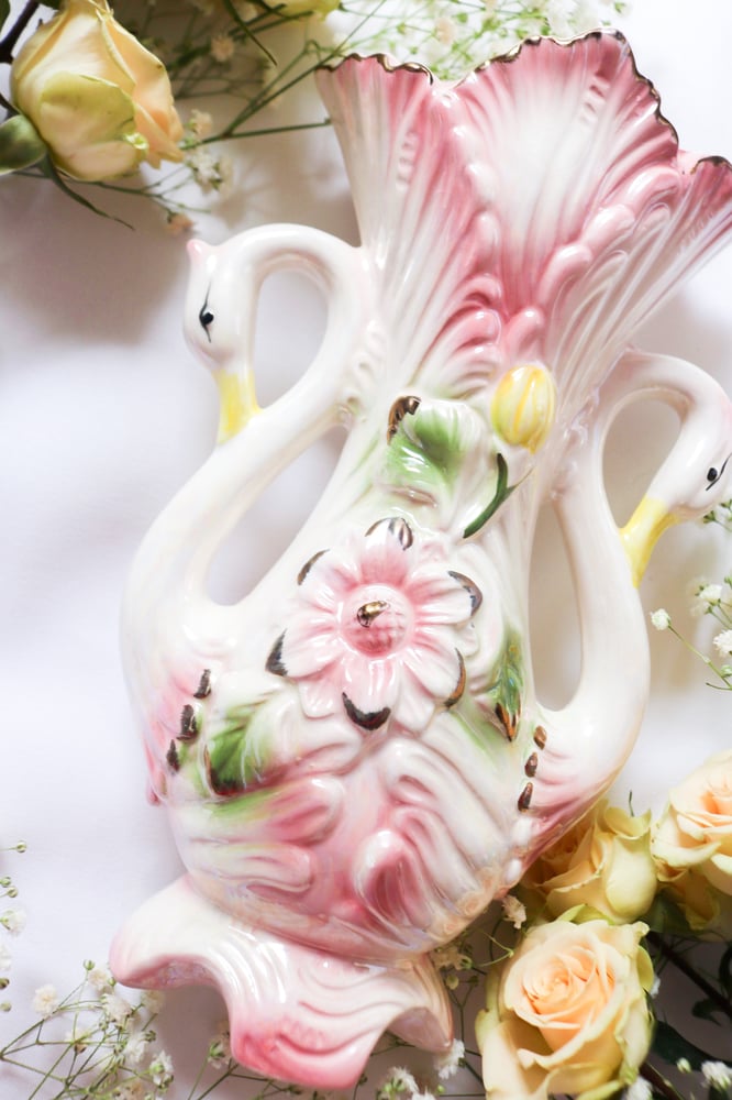 Image of Vintage Twin Swan Vase with Gold Details