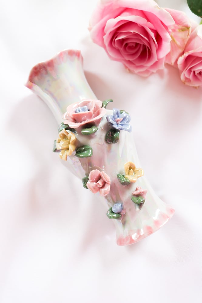 Image of Vintage Pastel Floral Iridescent Vase