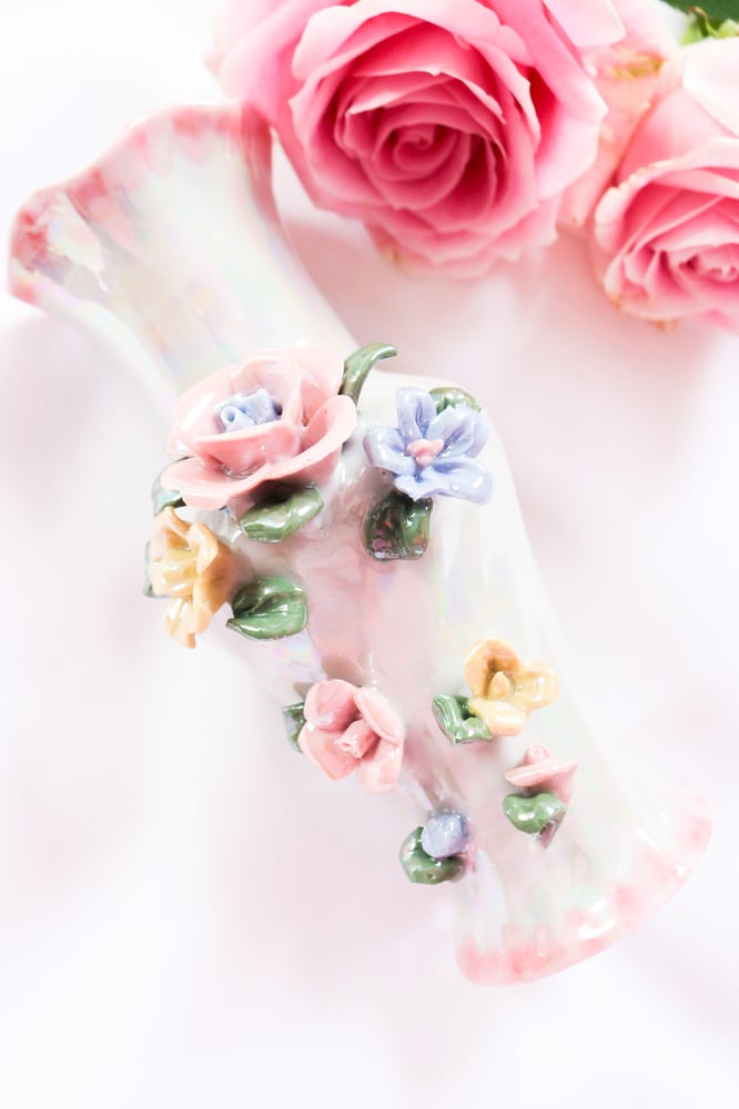 Image of Vintage Pastel Floral Iridescent Vase