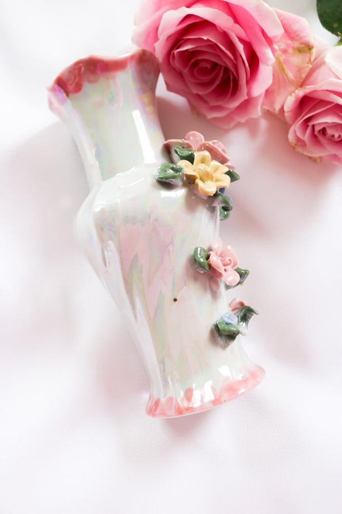 Image of Vintage Pastel Floral Iridescent Vase