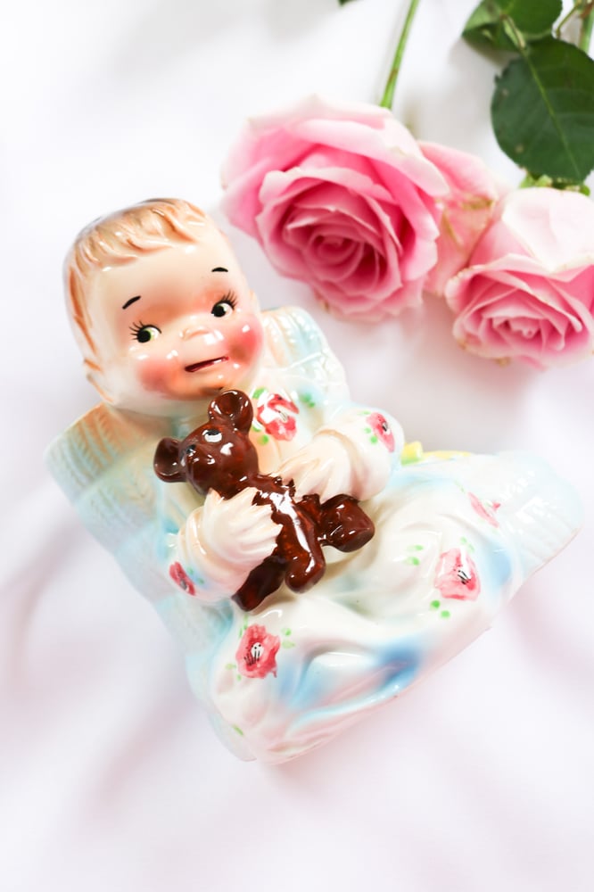 Image of RARE Vintage Stella Japan Baby Shoe Figurine with Teddy Bear