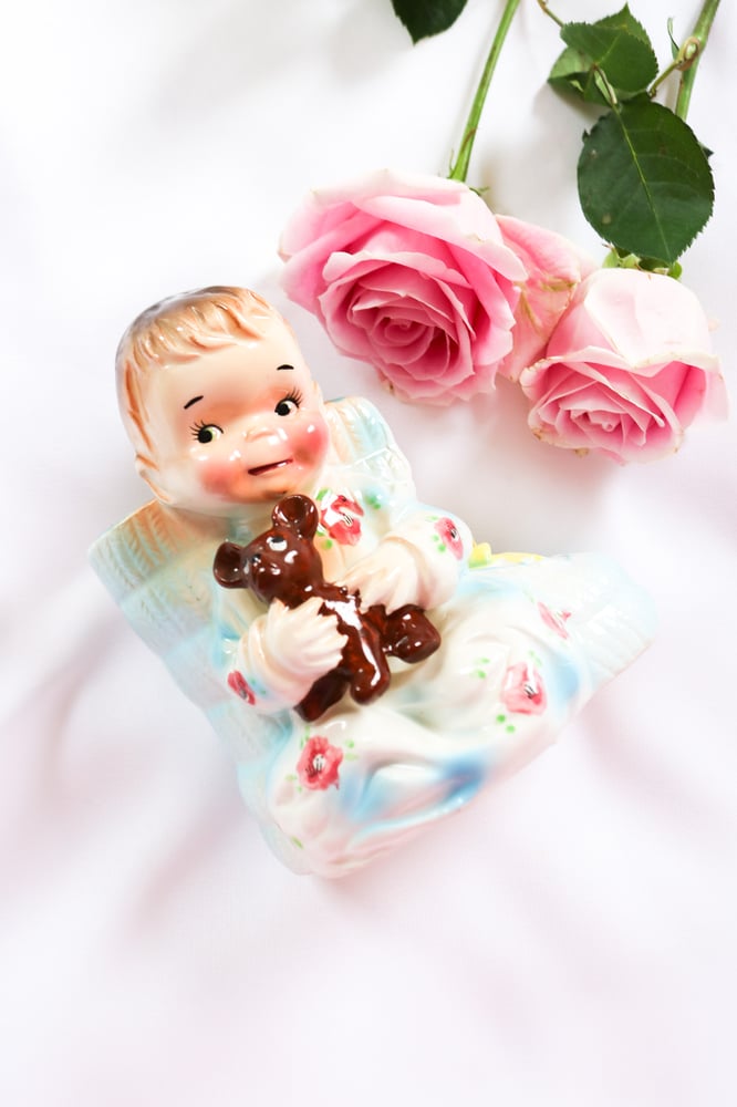 Image of RARE Vintage Stella Japan Baby Shoe Figurine with Teddy Bear