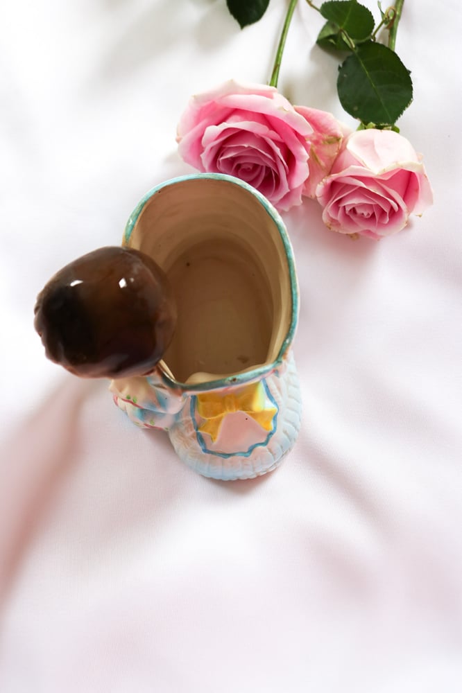 Image of RARE Vintage Stella Japan Baby Shoe Figurine with Teddy Bear